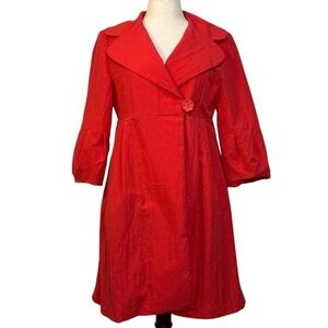 Nanette Lepore Red Vintage Raincoat with‎ Balloon Sleeves and Flower Button NWT